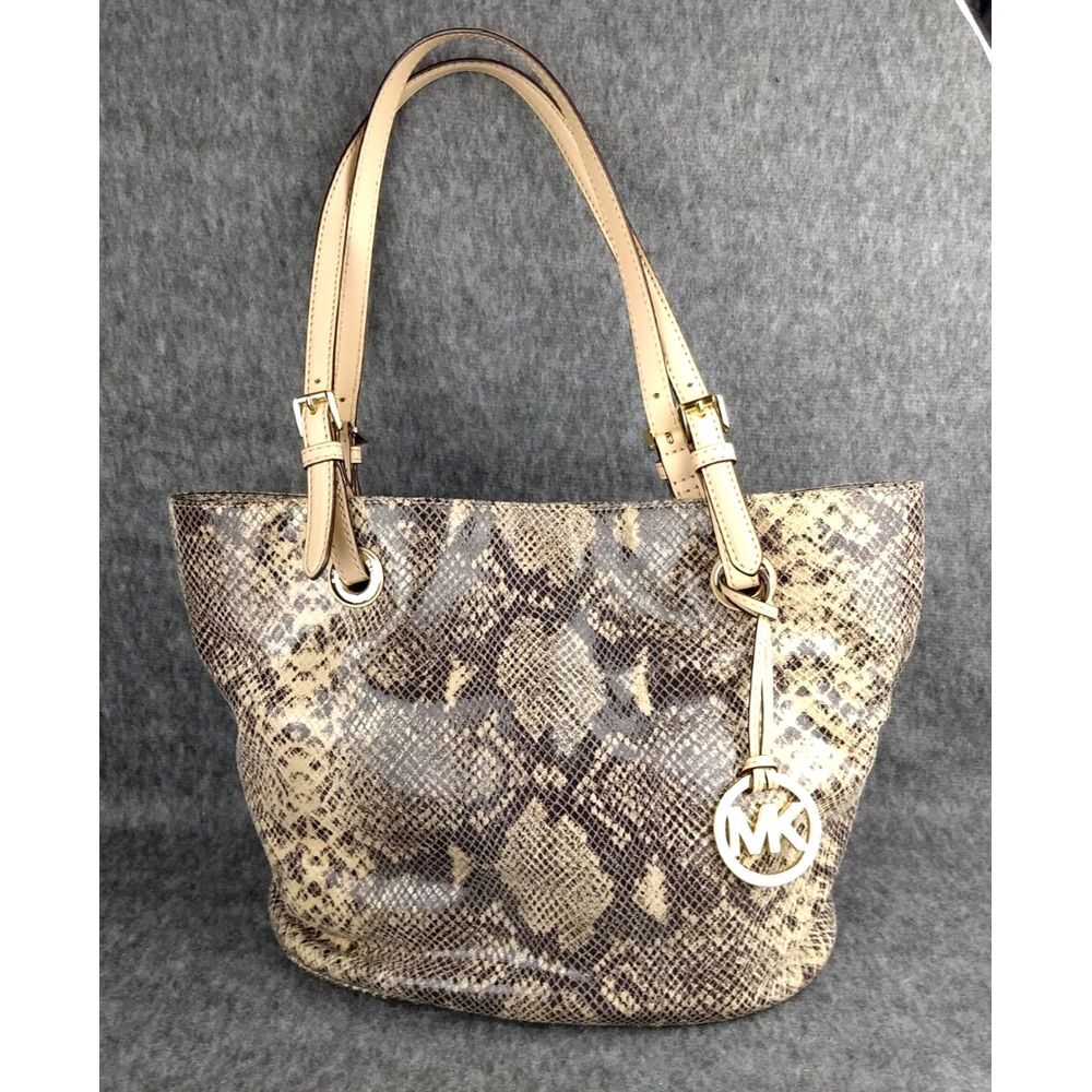 Michael Kors Python Tote Jet Set Tan‎ Leather Shoulder Handbag MK Charm Logo